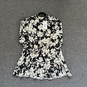 ZARA | Floral Long Sleeve High Mock Neck Black + White Mini Dress (M)